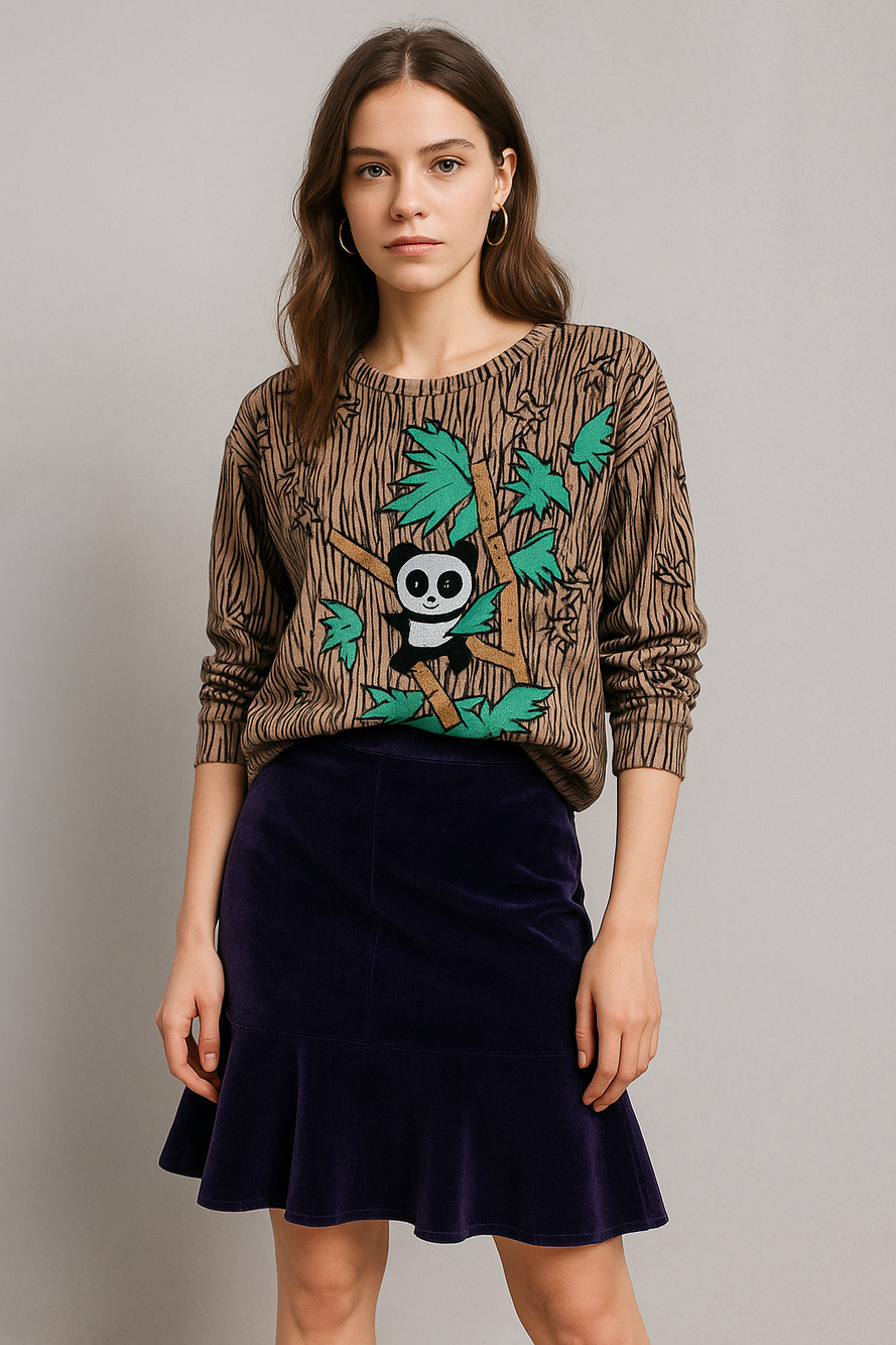 Spree Womens Panda Bear 3D Sweatshirt Size M Beaded Striped Zoo Vintage 80s